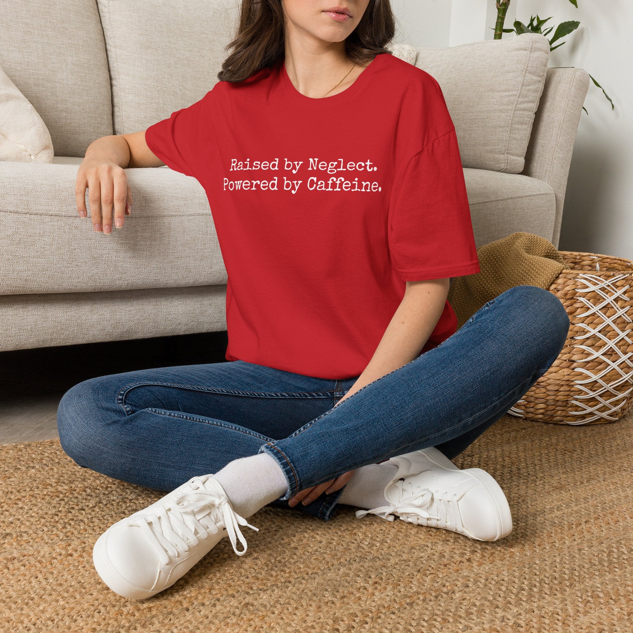 Raised by Neglect. Powered by Caffeine. Funny Graphic T-Shirt