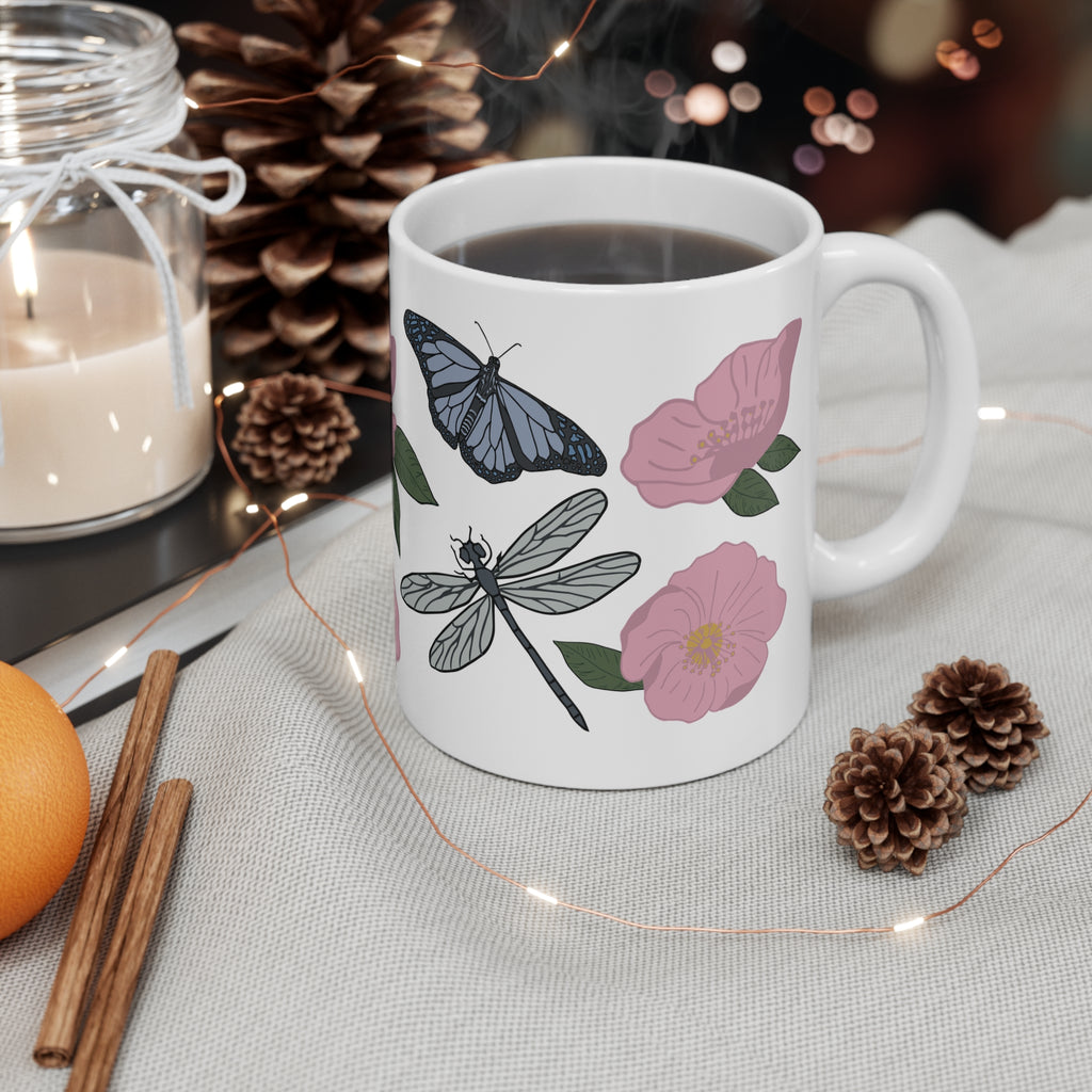 Pink Wildflower Dragonfly & Butterfly Ceramic Coffee Mug