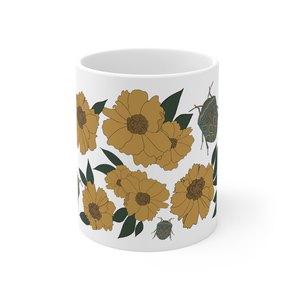 Golden Wildflower & Blue Shield Bug Ceramic Coffee Mug