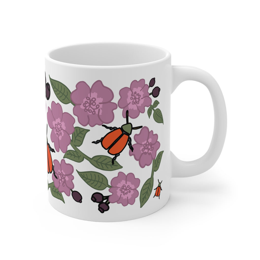 Pink Wildflower & Orange Beetle Ceramic Coffee Mug