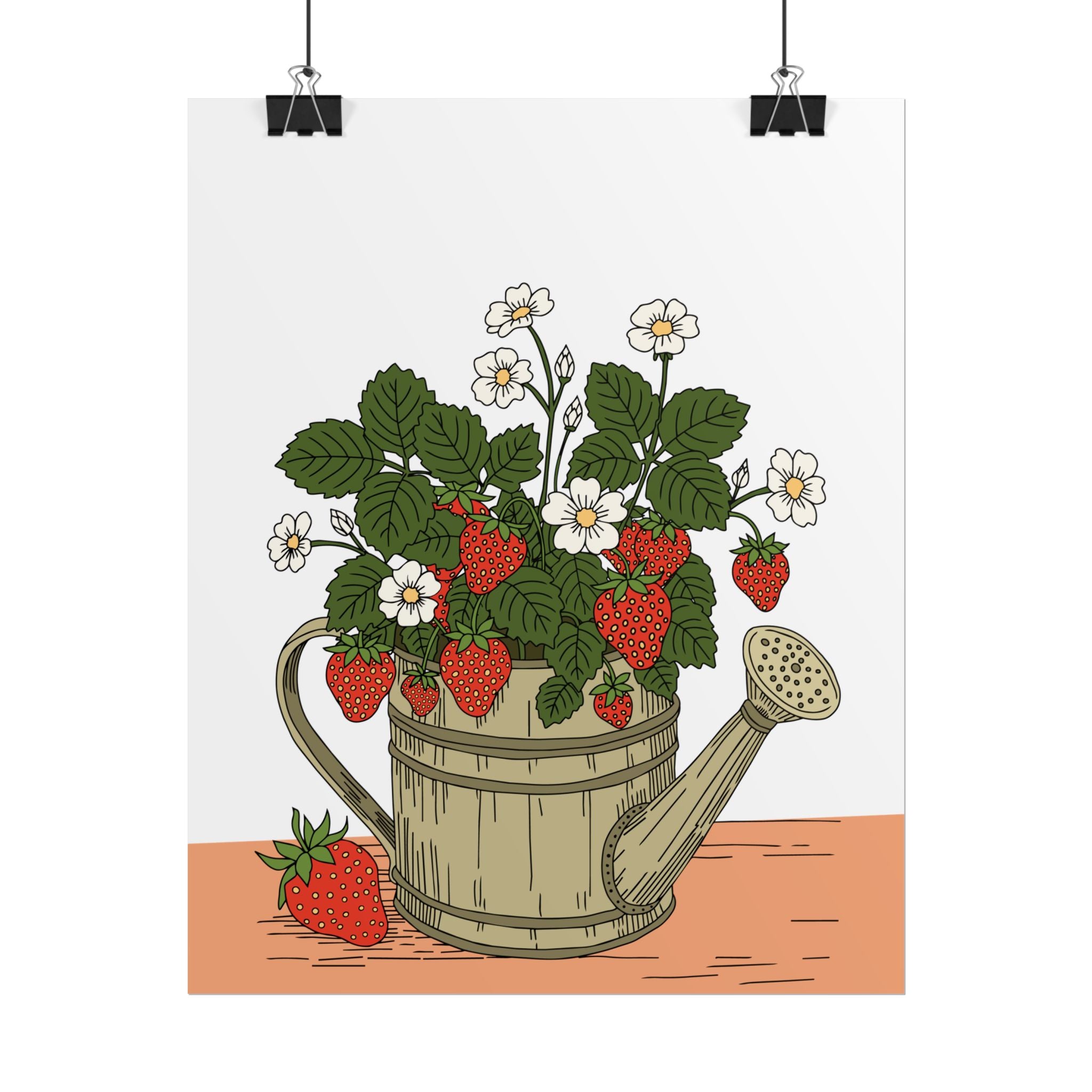 Strawberry Watering Can Art Print – Cottage Garden Botanical Poster