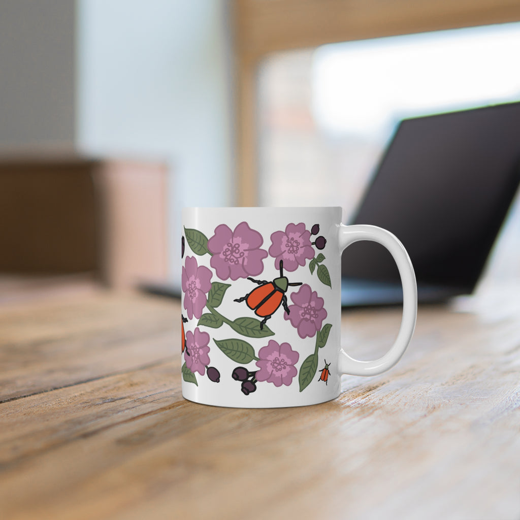 Pink Wildflower & Orange Beetle Ceramic Coffee Mug