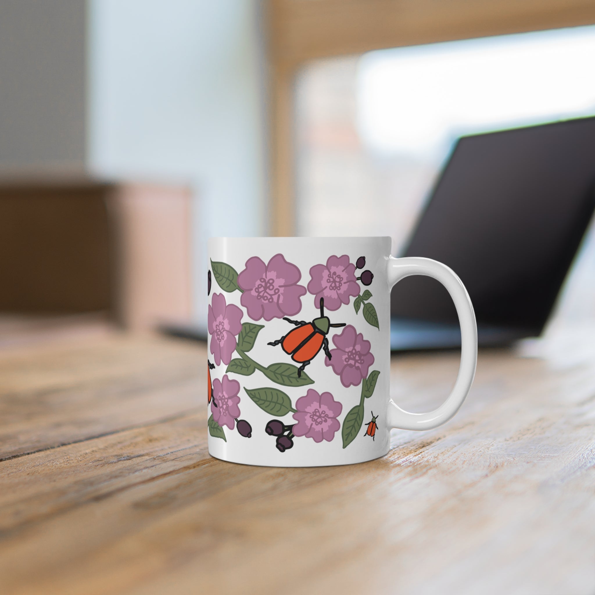 Pink Wildflower & Orange Beetle Ceramic Coffee Mug
