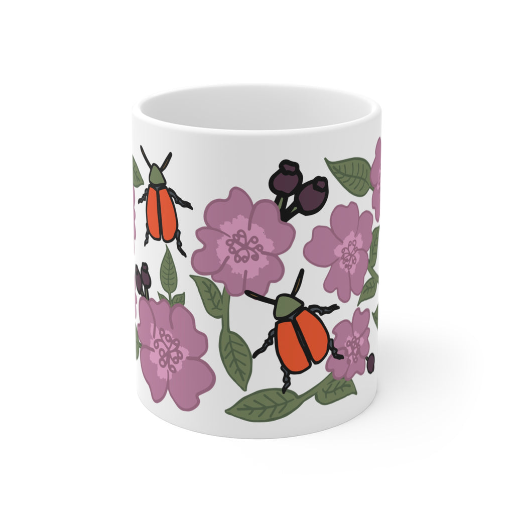 Pink Wildflower & Orange Beetle Ceramic Coffee Mug