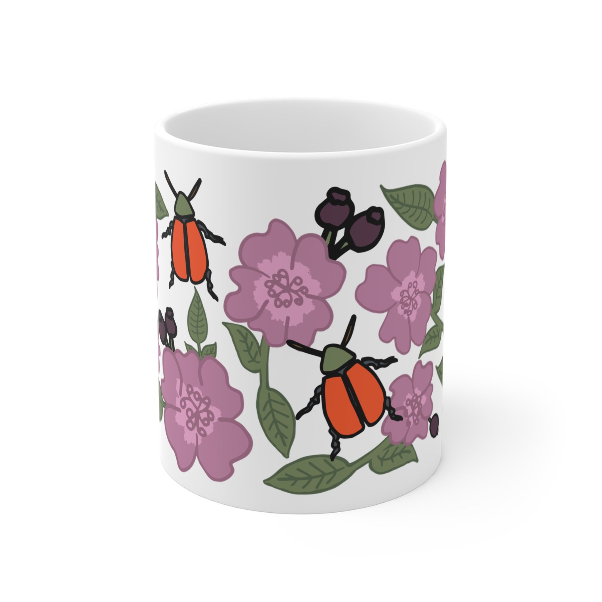 Pink Wildflower & Orange Beetle Ceramic Coffee Mug