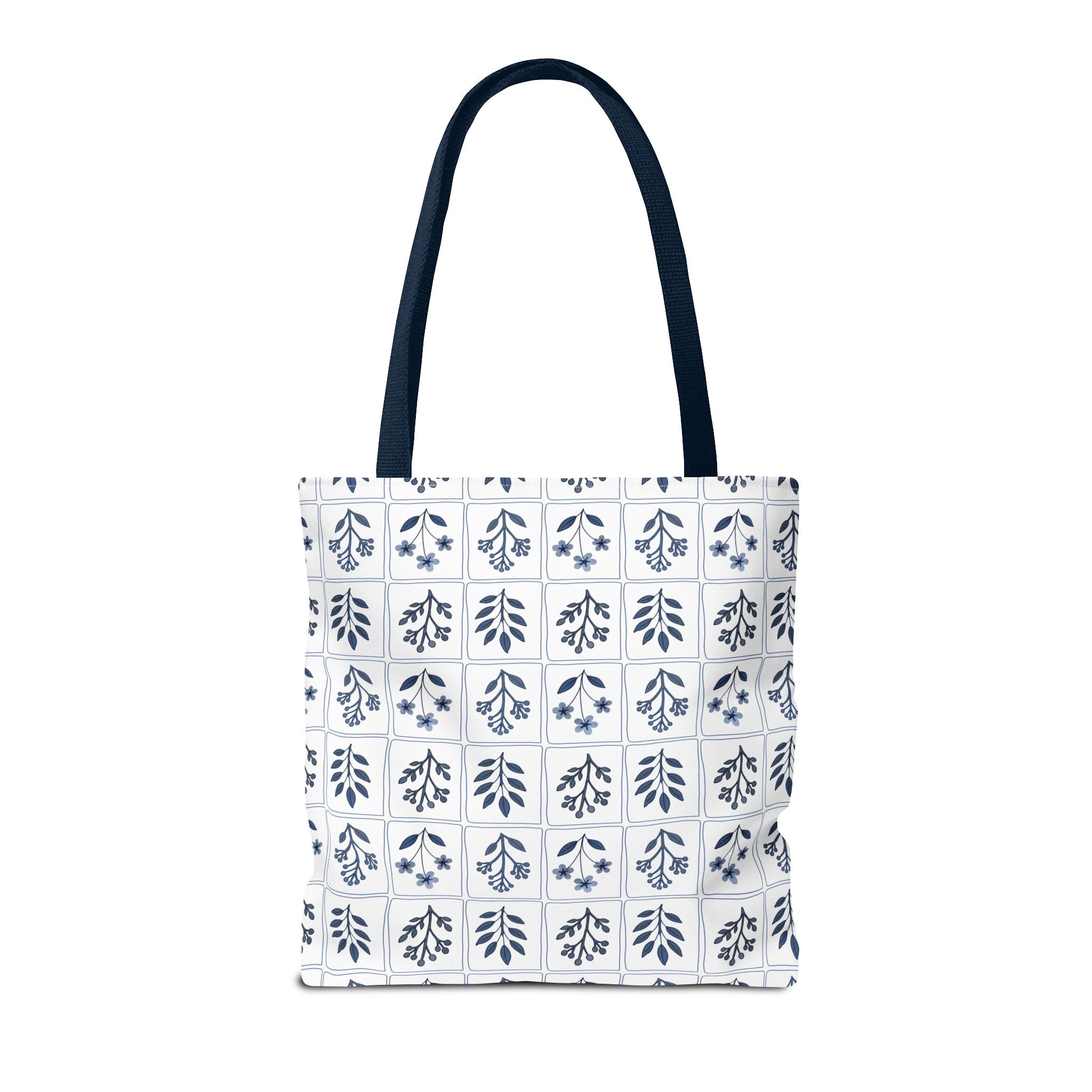 Blue Floral Tile Tote Bag, Scandinavian Folk Art Market Tote, Minimal Botanical Everyday Bag, Cottagecore Tote (Copy)
