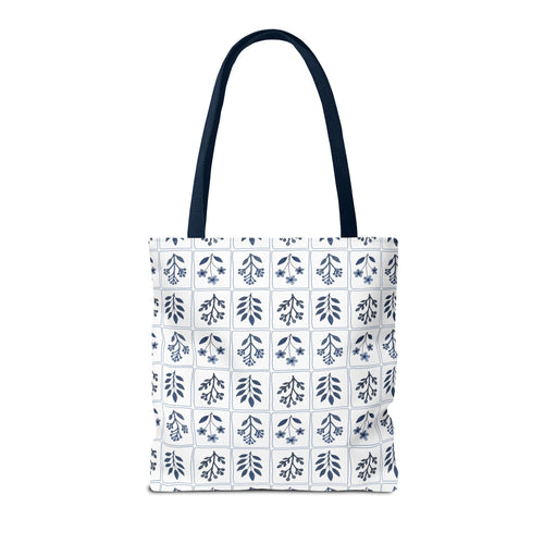 Blue Floral Tile Tote Bag, Scandinavian Folk Art Market Tote, Minimal Botanical Everyday Bag, Cottagecore Tote (Copy)