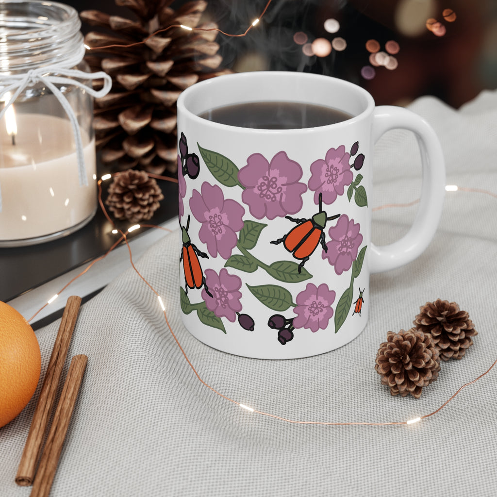 Pink Wildflower & Orange Beetle Ceramic Coffee Mug