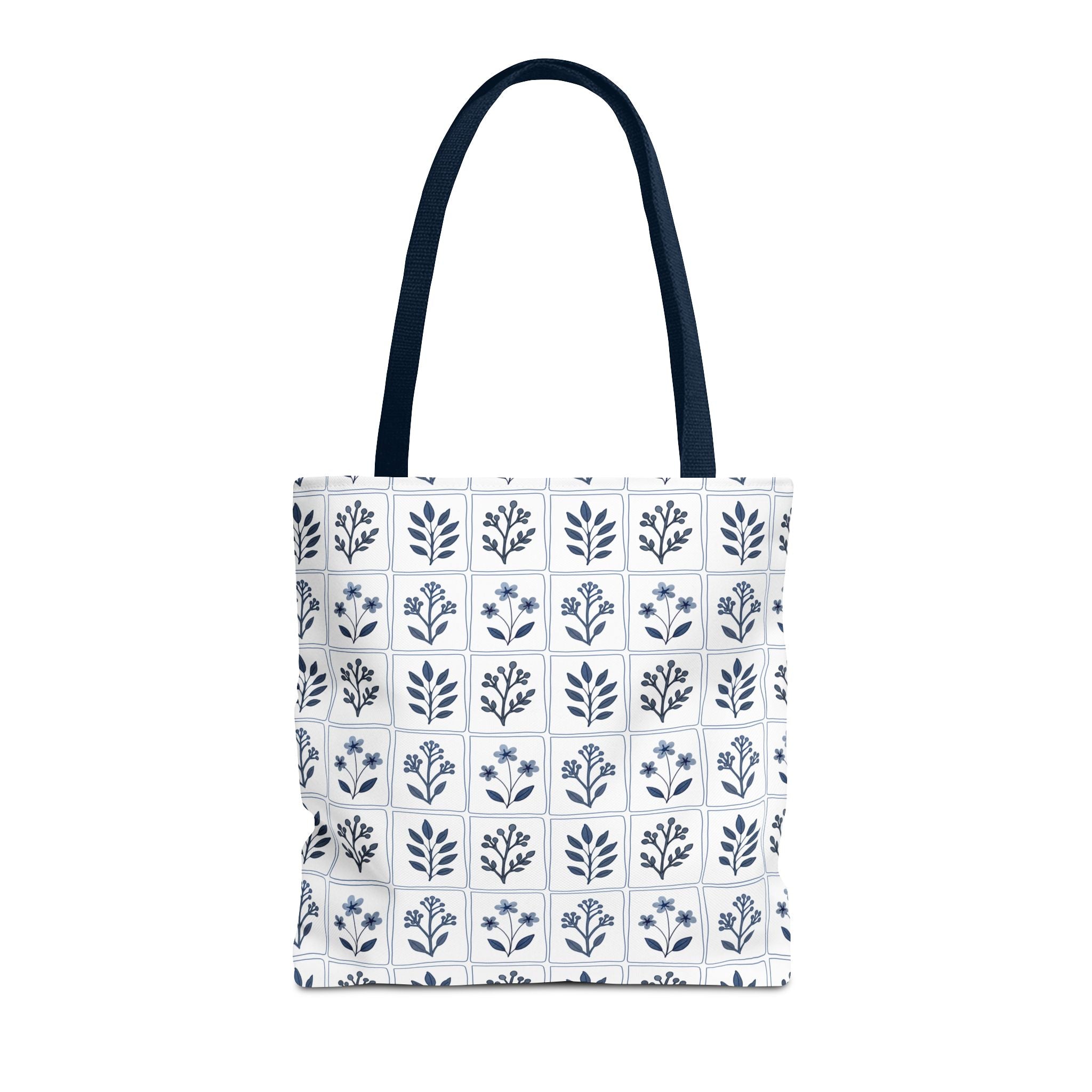 Blue Floral Tile Tote Bag, Scandinavian Folk Art Market Tote, Minimal Botanical Everyday Bag, Cottagecore Tote (Copy)