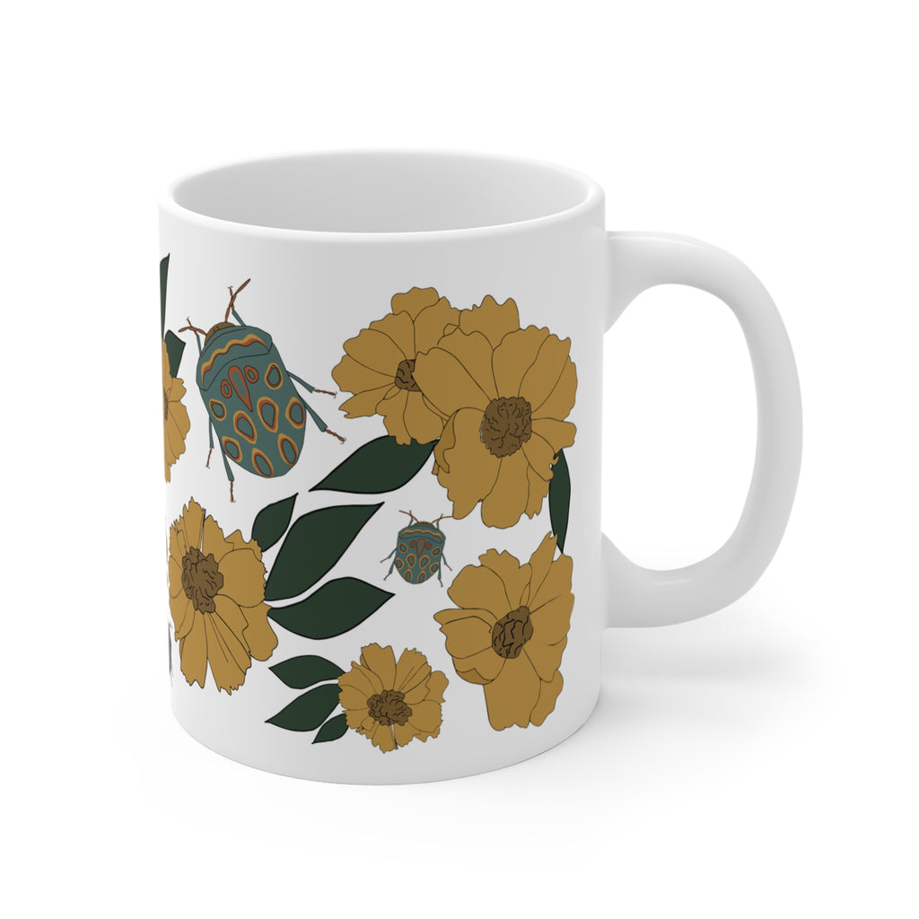 Golden Wildflower & Blue Shield Bug Ceramic Coffee Mug