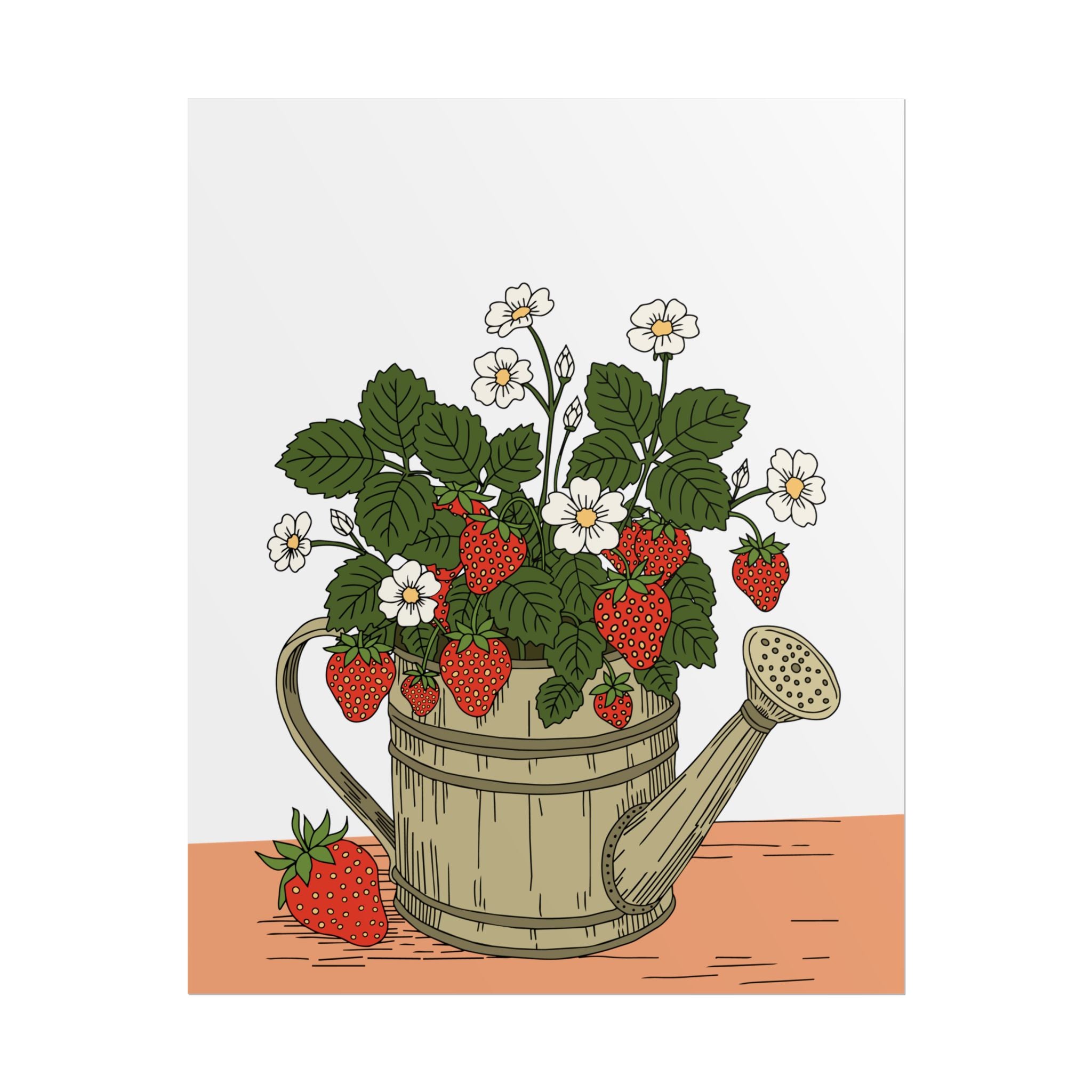 Strawberry Watering Can Art Print – Cottage Garden Botanical Poster