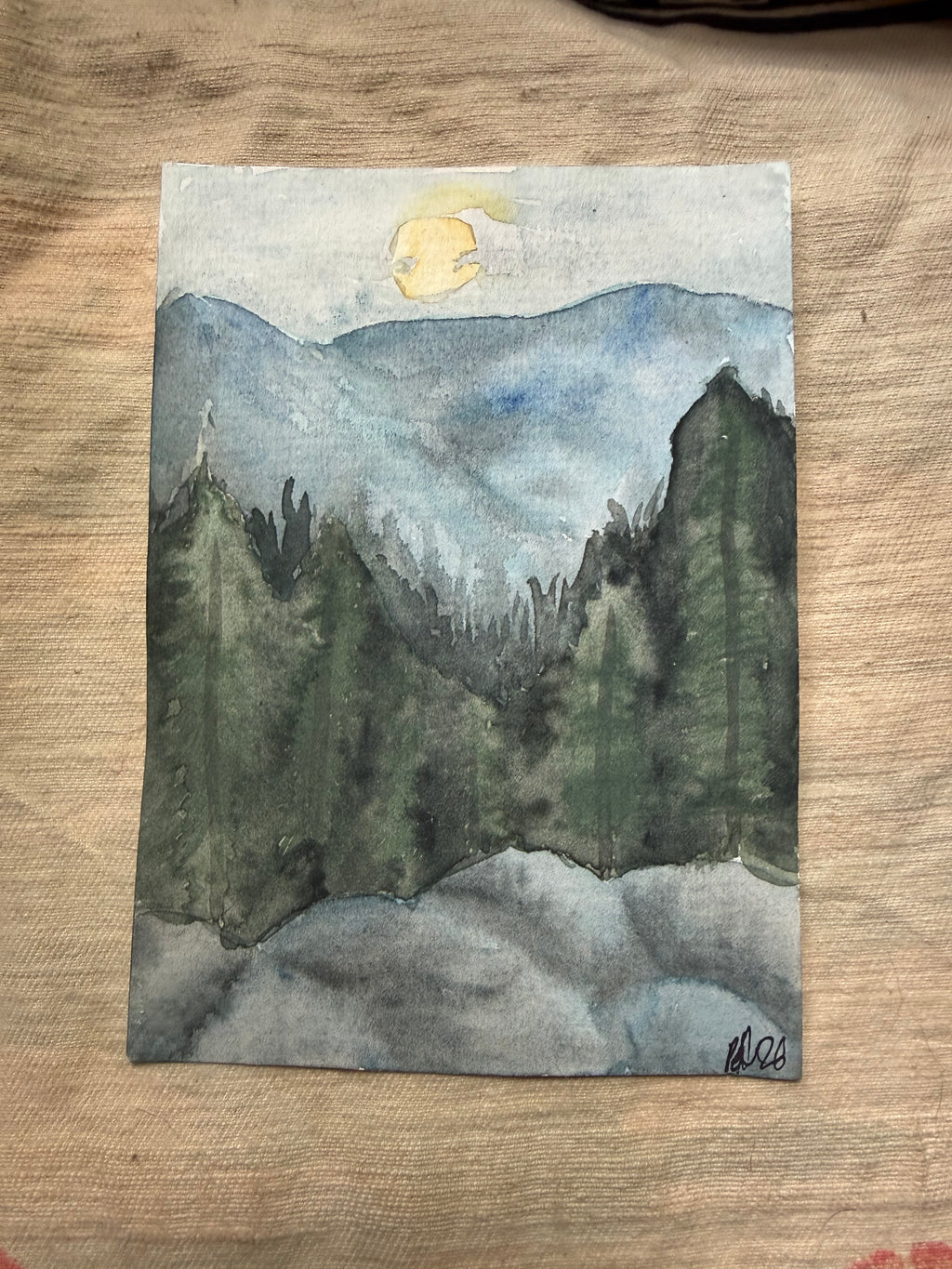 Moonlit Mountain Forest — 5x7 Watercolor Painting
