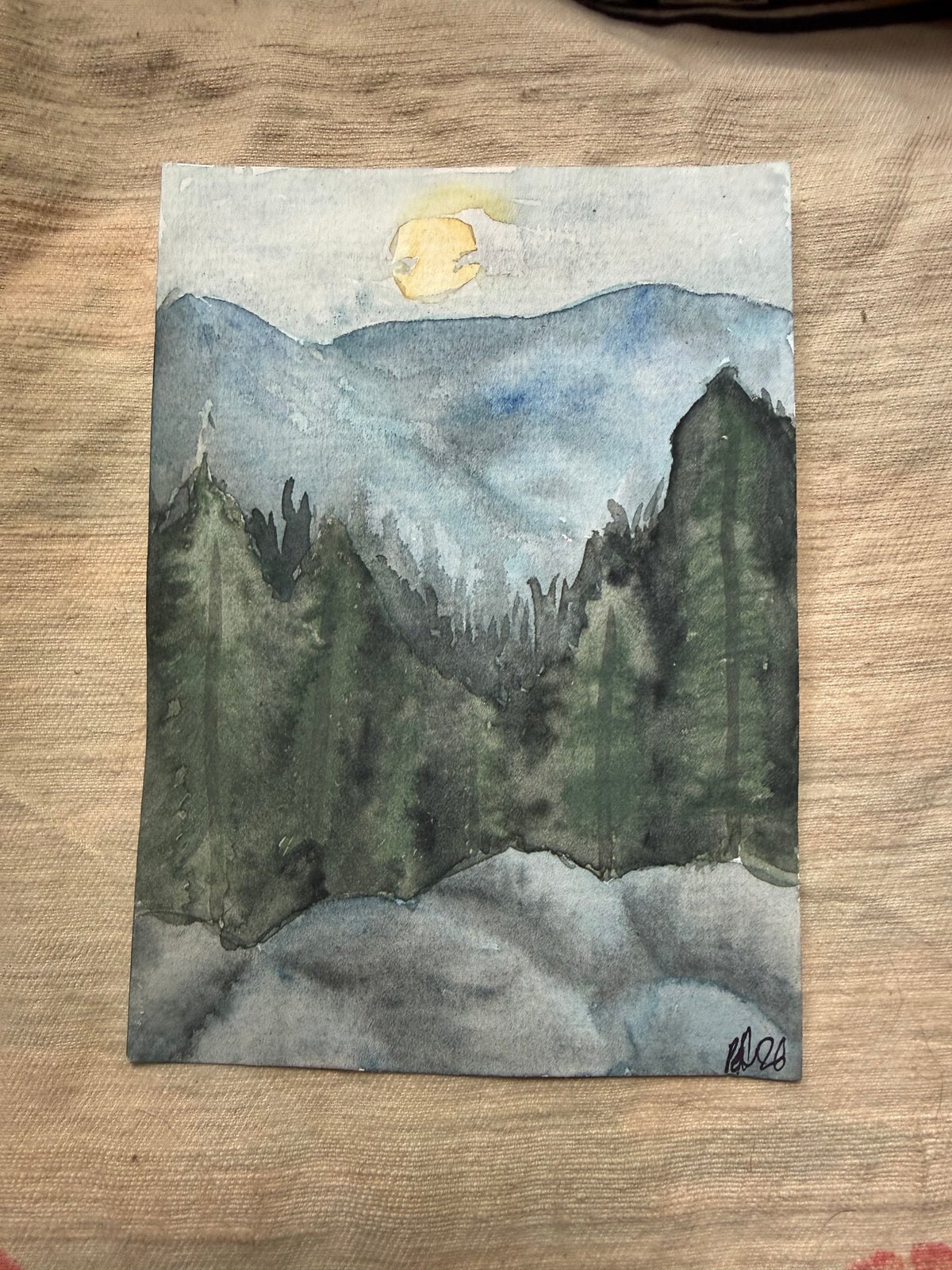 Moonlit Mountain Forest — 5x7 Watercolor Painting