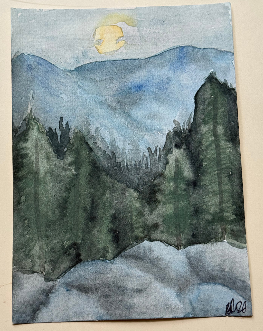 Moonlit Mountain Forest — 5x7 Watercolor Painting