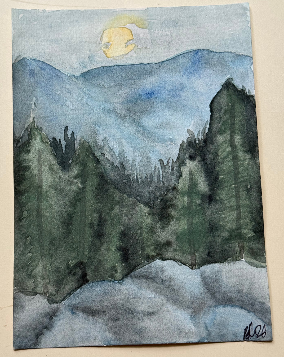 Moonlit Mountain Forest — 5x7 Watercolor Painting