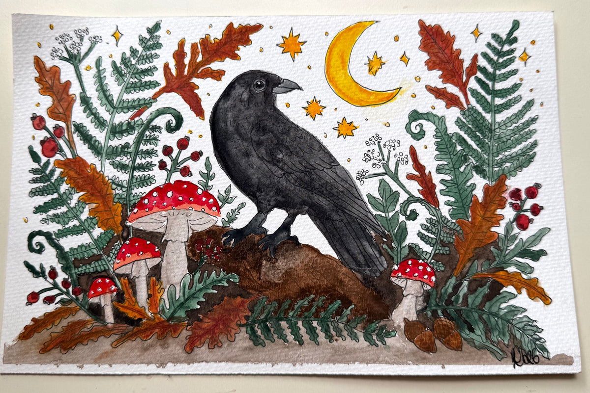 Raven & Moon Woodland — 5x7 Watercolor Painting