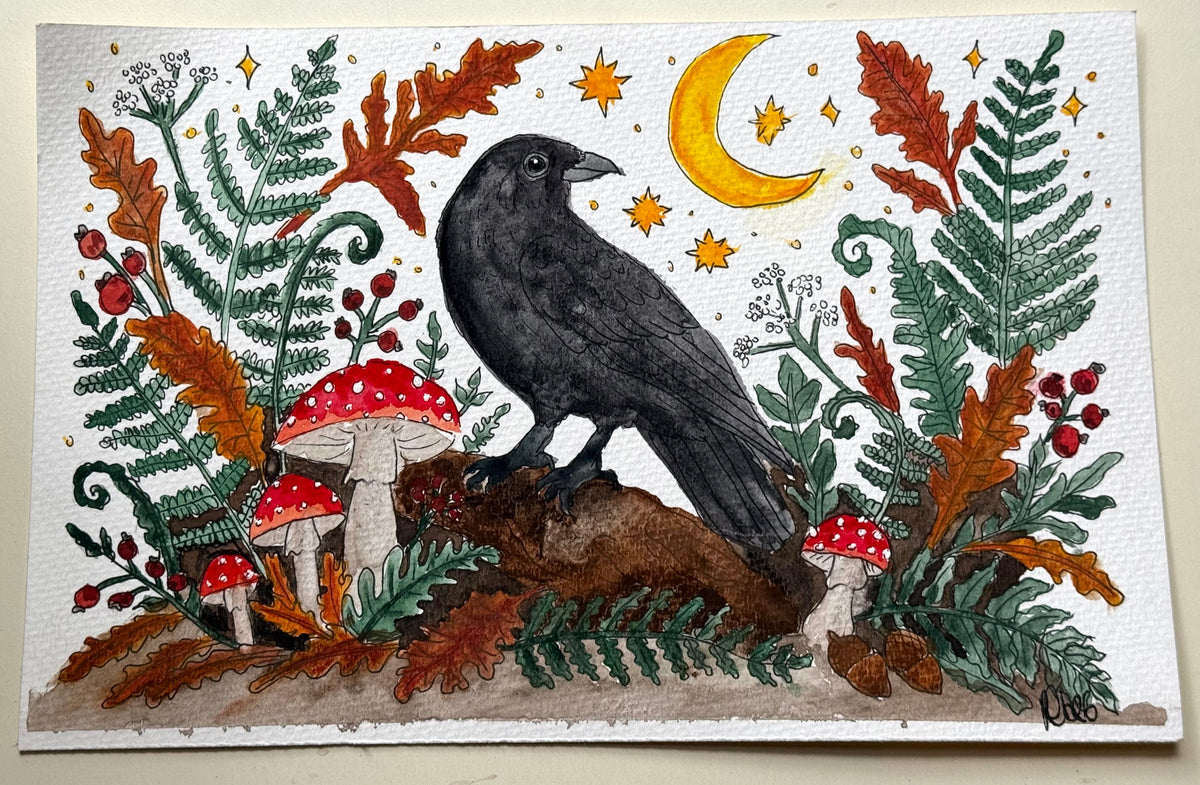 Raven & Moon Woodland — 5x7 Watercolor Painting