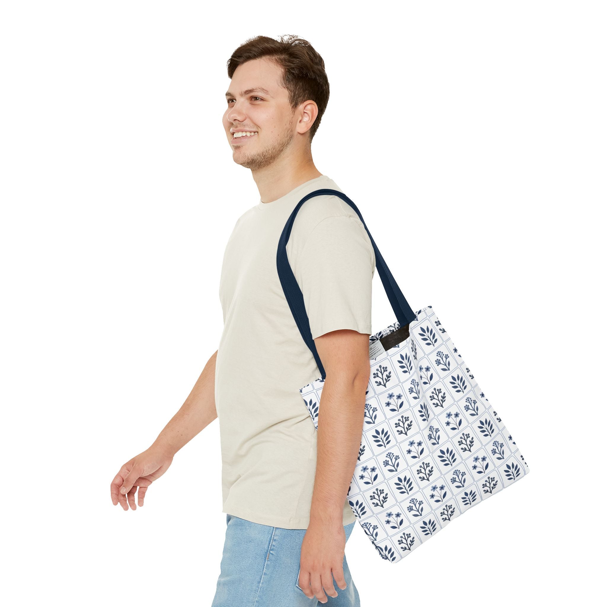 Blue Floral Tile Tote Bag, Scandinavian Folk Art Market Tote, Minimal Botanical Everyday Bag, Cottagecore Tote (Copy)