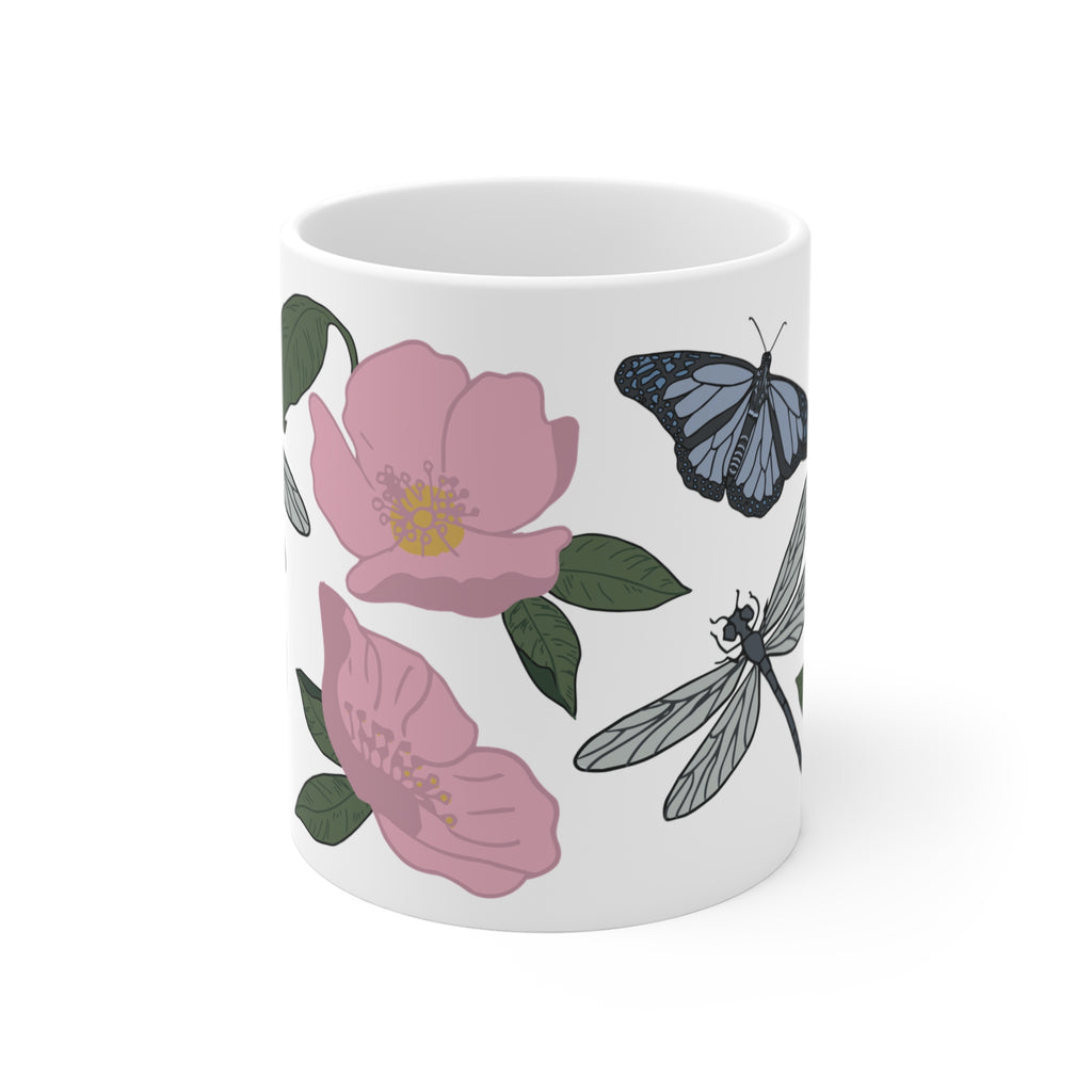 Pink Wildflower Dragonfly & Butterfly Ceramic Coffee Mug