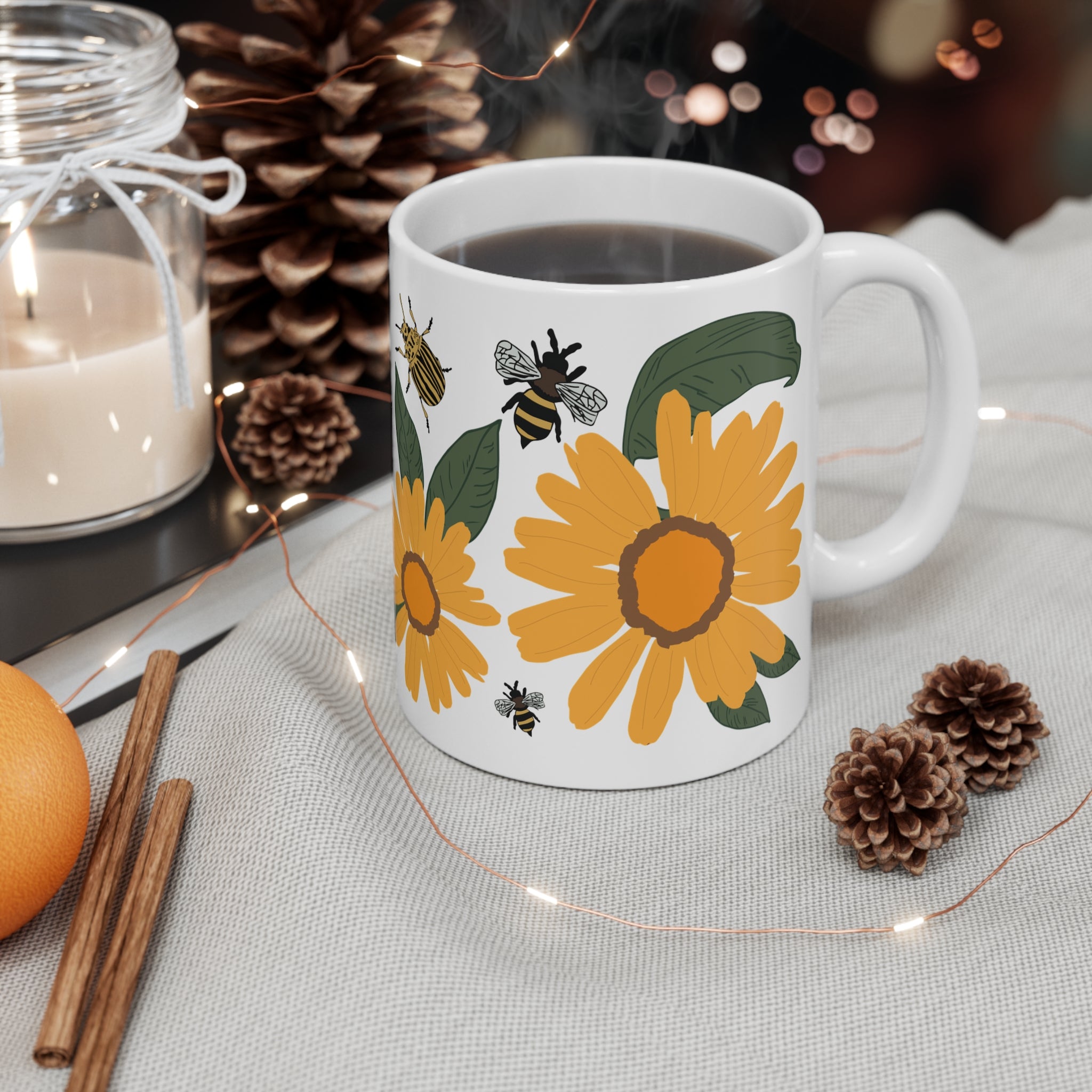 Golden Wildflower Bee Ceramic Coffee Mug