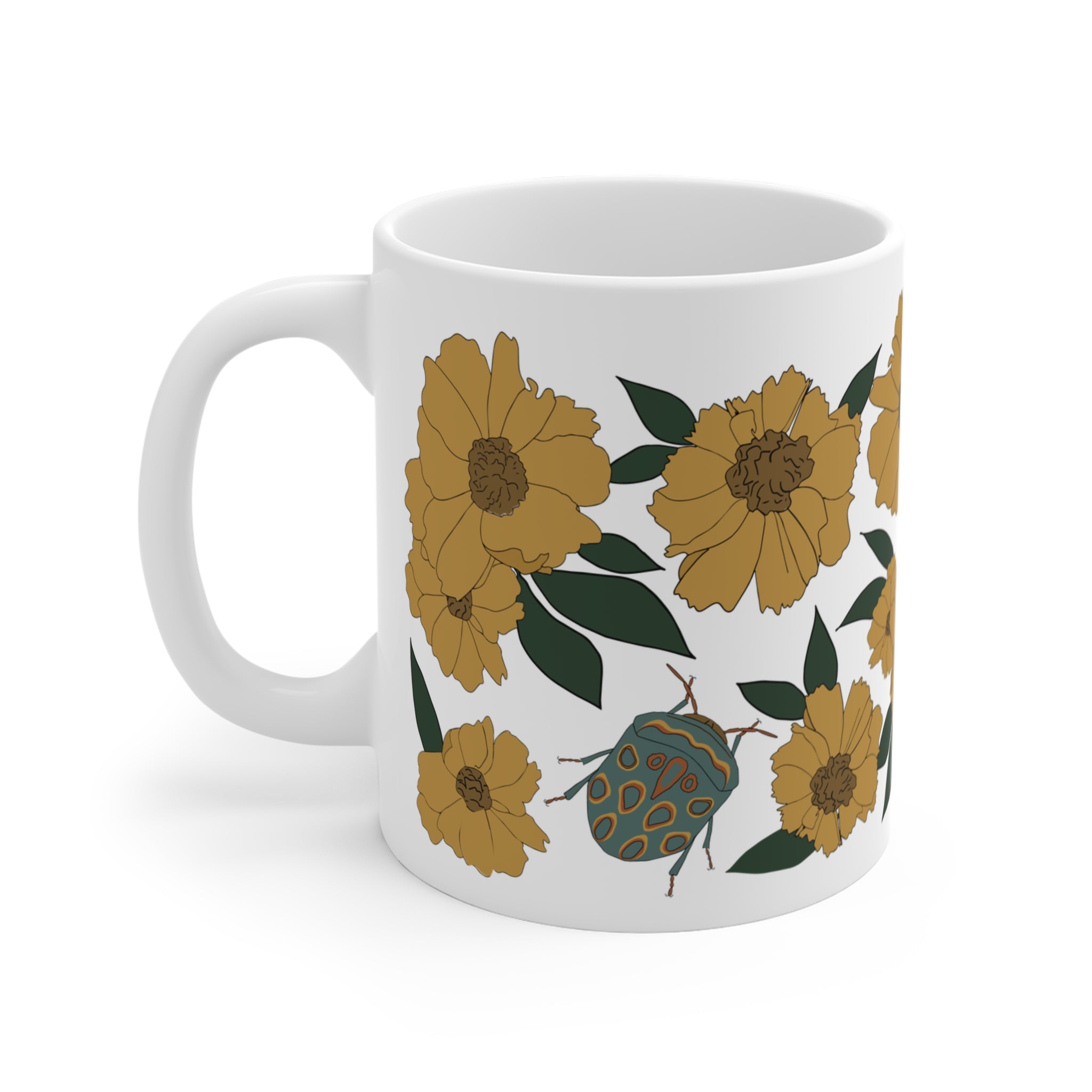 Golden Wildflower & Blue Shield Bug Ceramic Coffee Mug