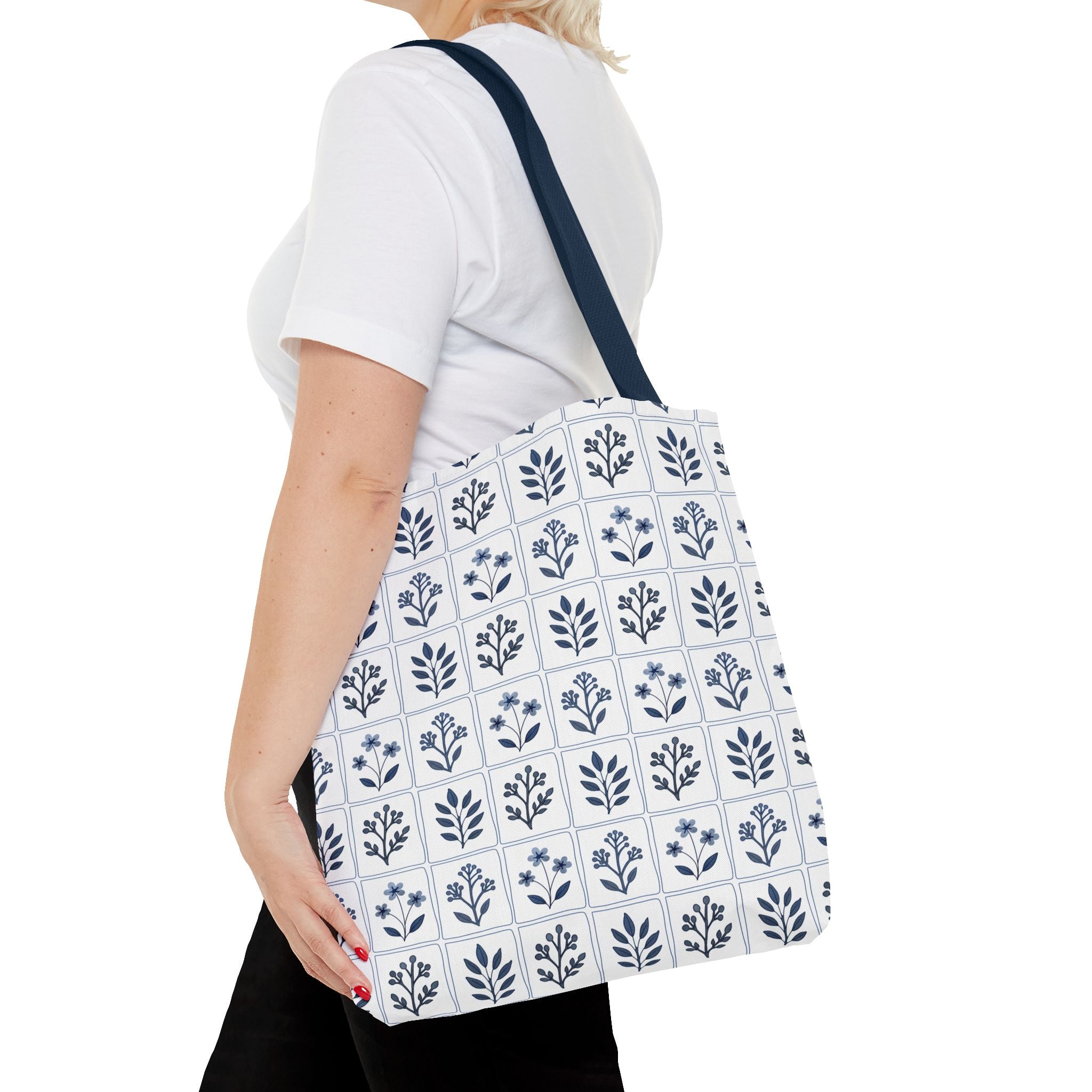 Blue Floral Tile Tote Bag, Scandinavian Folk Art Market Tote, Minimal Botanical Everyday Bag, Cottagecore Tote (Copy)