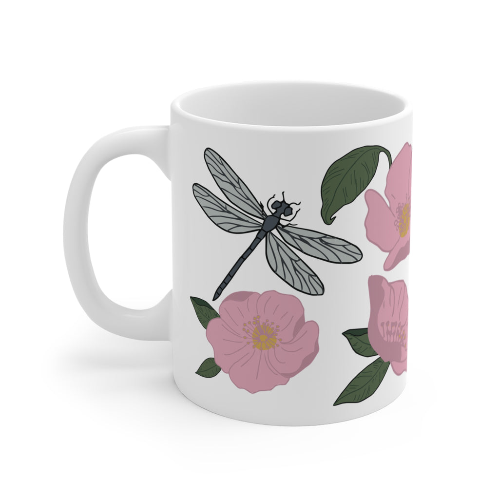 Pink Wildflower Dragonfly & Butterfly Ceramic Coffee Mug