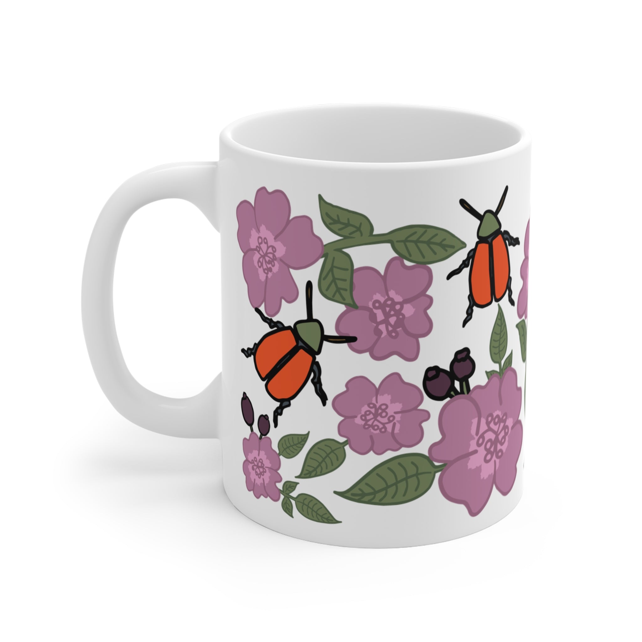 Pink Wildflower & Orange Beetle Ceramic Coffee Mug