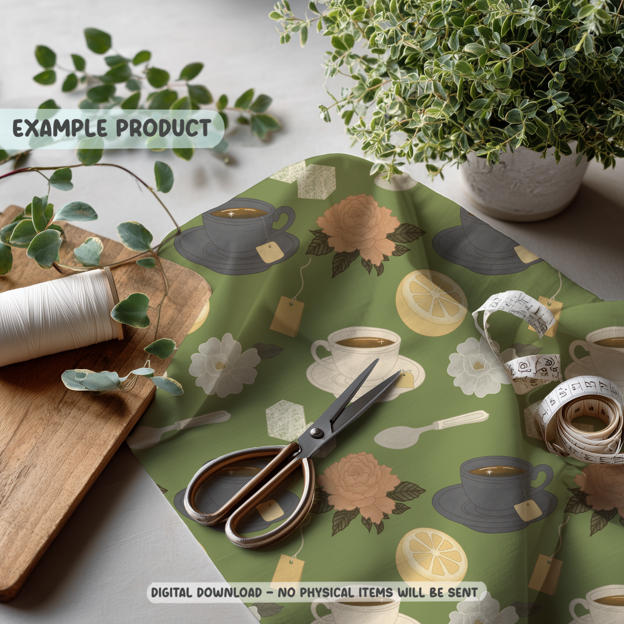 Green Vintage Teacup Seamless Pattern