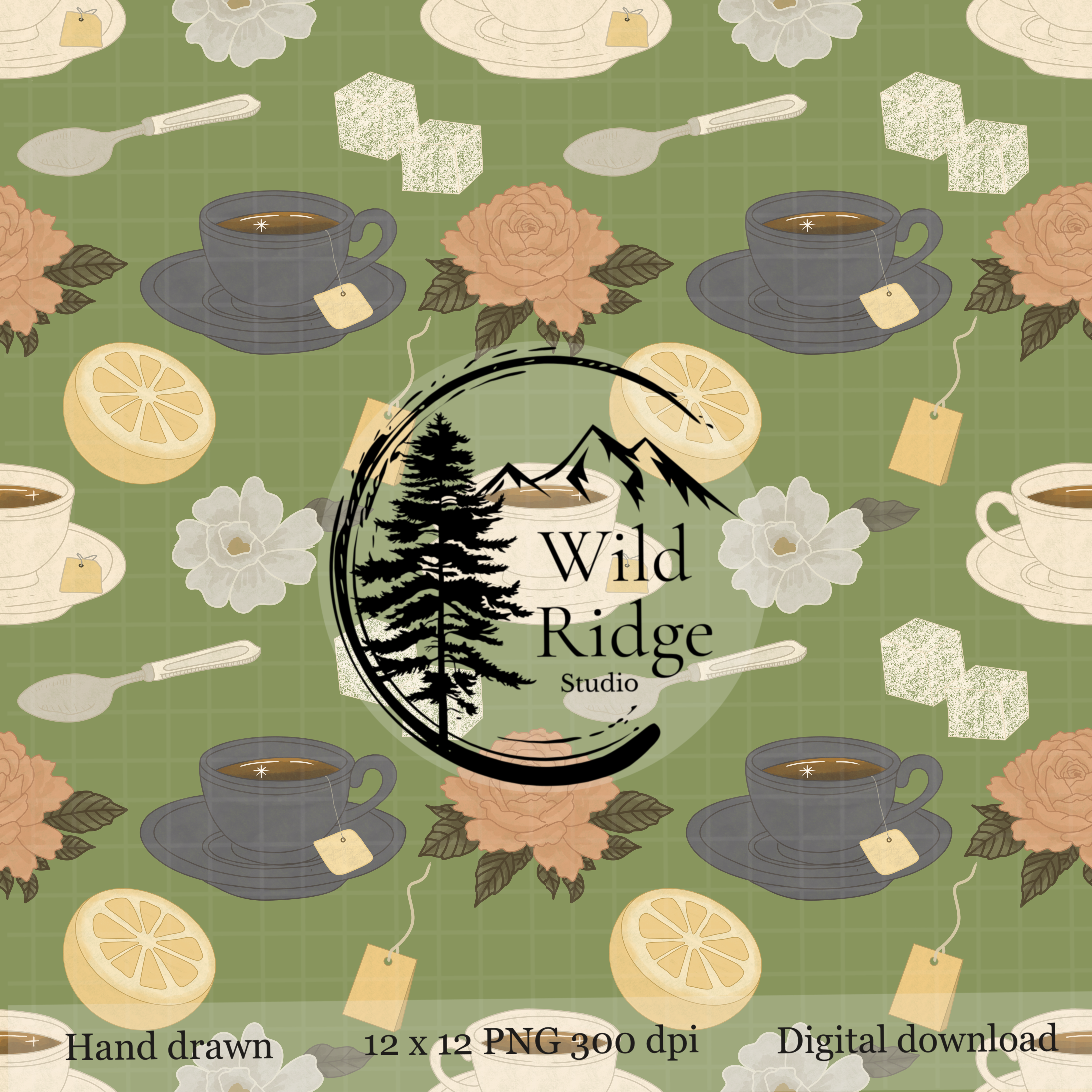 Green Vintage Teacup Seamless Pattern