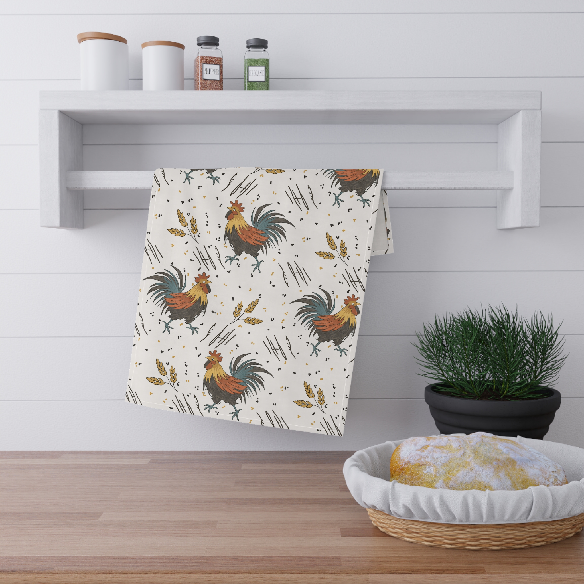 Rustic Rooster Tea Towel – Farmhouse Kitchen Towel (Cotton or Polyester, 18x30)