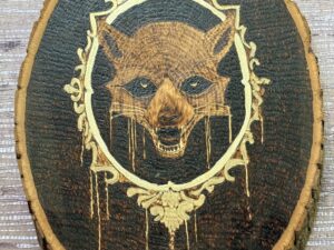 Threshold Keeper — Hand-Burned Skull on Live-Edge Wood