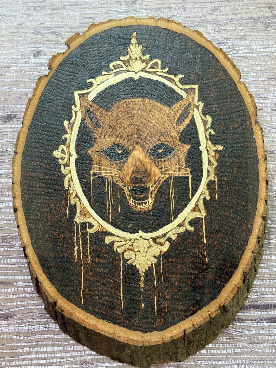 Threshold Keeper — Hand-Burned Skull on Live-Edge Wood