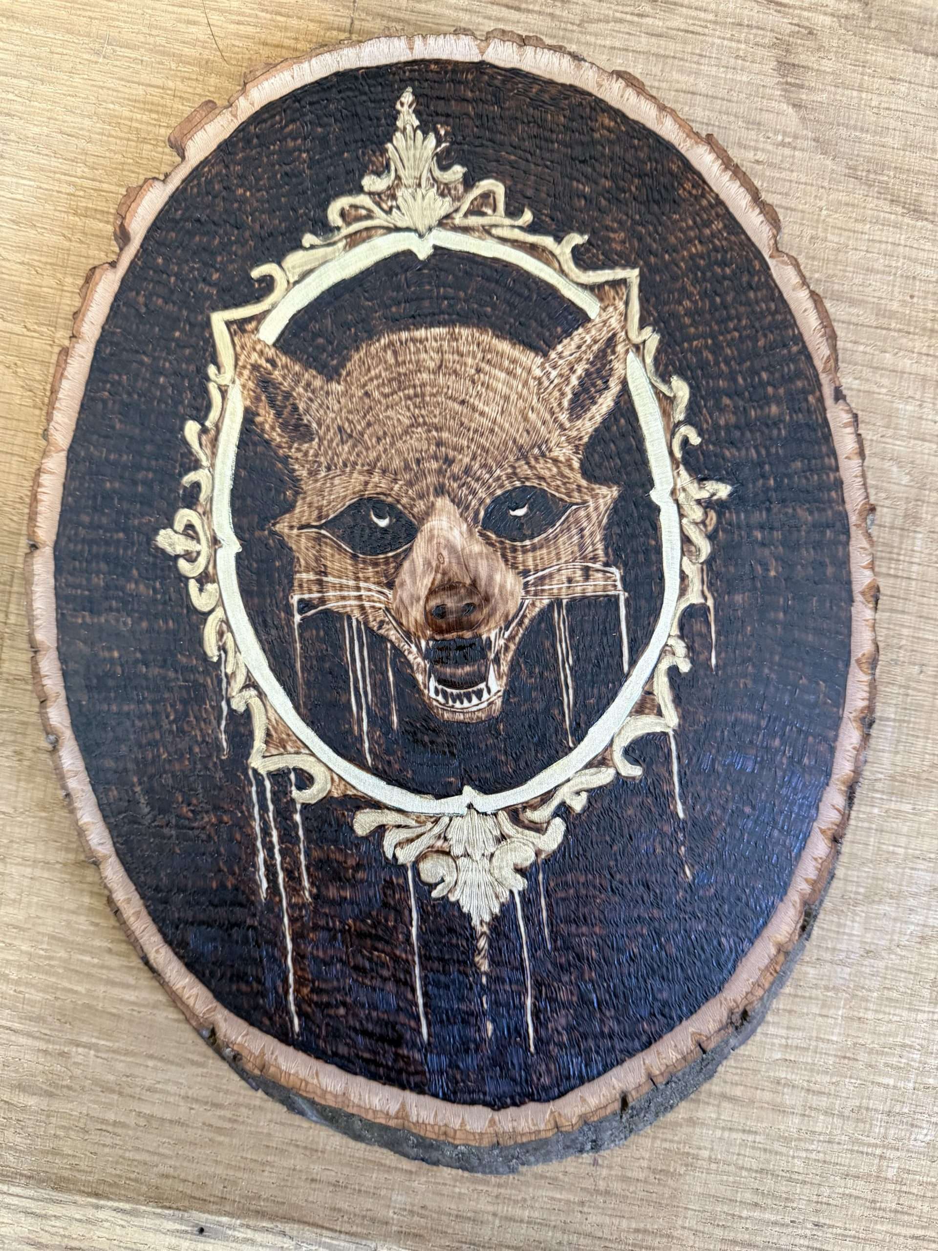 Threshold Keeper — Hand-Burned Skull on Live-Edge Wood