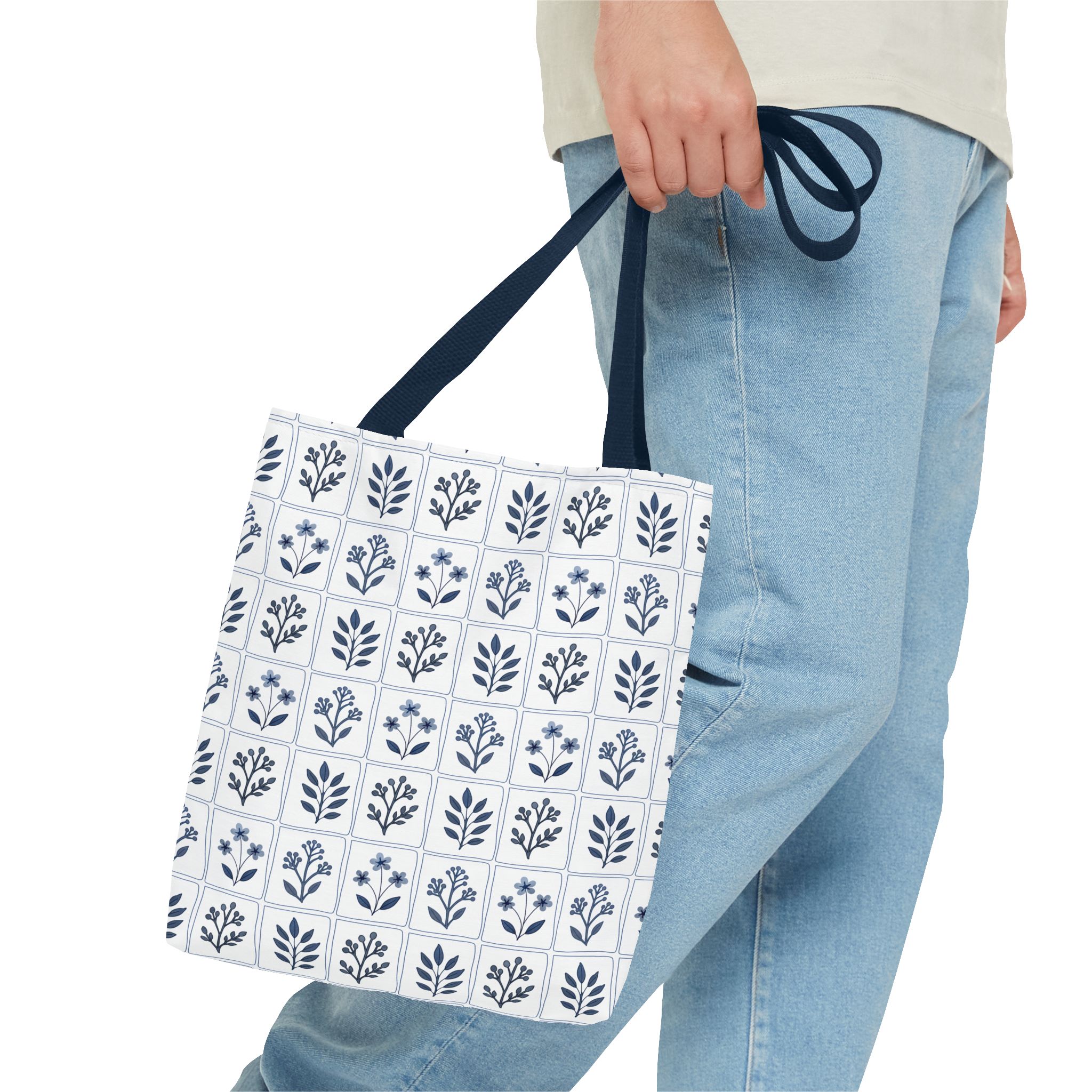 Blue Floral Tile Tote Bag, Scandinavian Folk Art Market Tote, Minimal Botanical Everyday Bag, Cottagecore Tote - Image 3