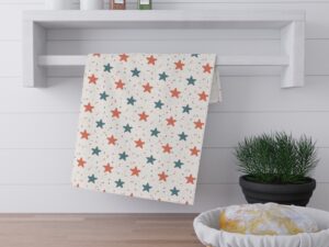 Retro Star Tea Towel, Red and Blue Star Pattern, Modern Americana Kitchen Towel, Graphic Decorative Dish Towel
