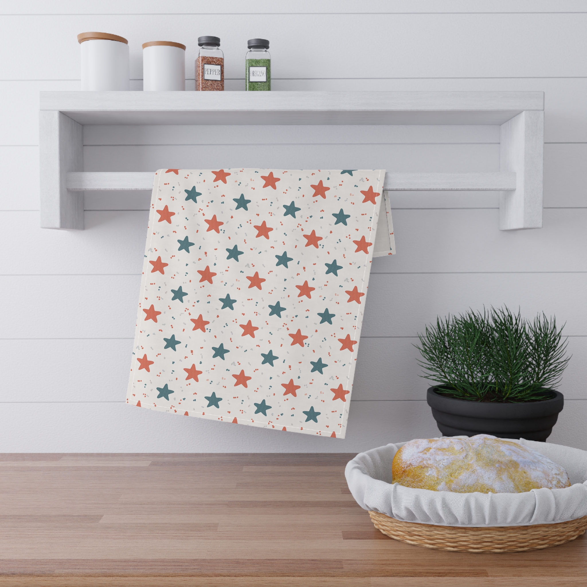 Retro Star Tea Towel, Red and Blue Star Pattern, Modern Americana Kitchen Towel, Graphic Decorative Dish Towel