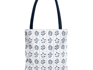 Blue Floral Tile Tote Bag, Scandinavian Folk Art Market Tote, Minimal Botanical Everyday Bag, Cottagecore Tote