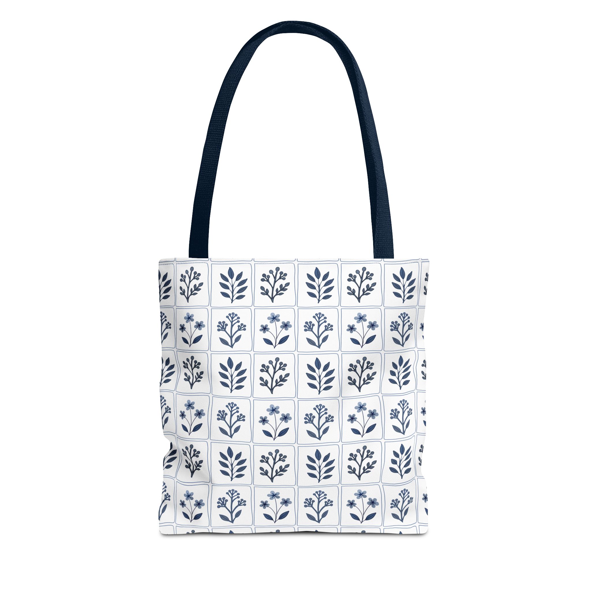 Blue Floral Tile Tote Bag, Scandinavian Folk Art Market Tote, Minimal Botanical Everyday Bag, Cottagecore Tote