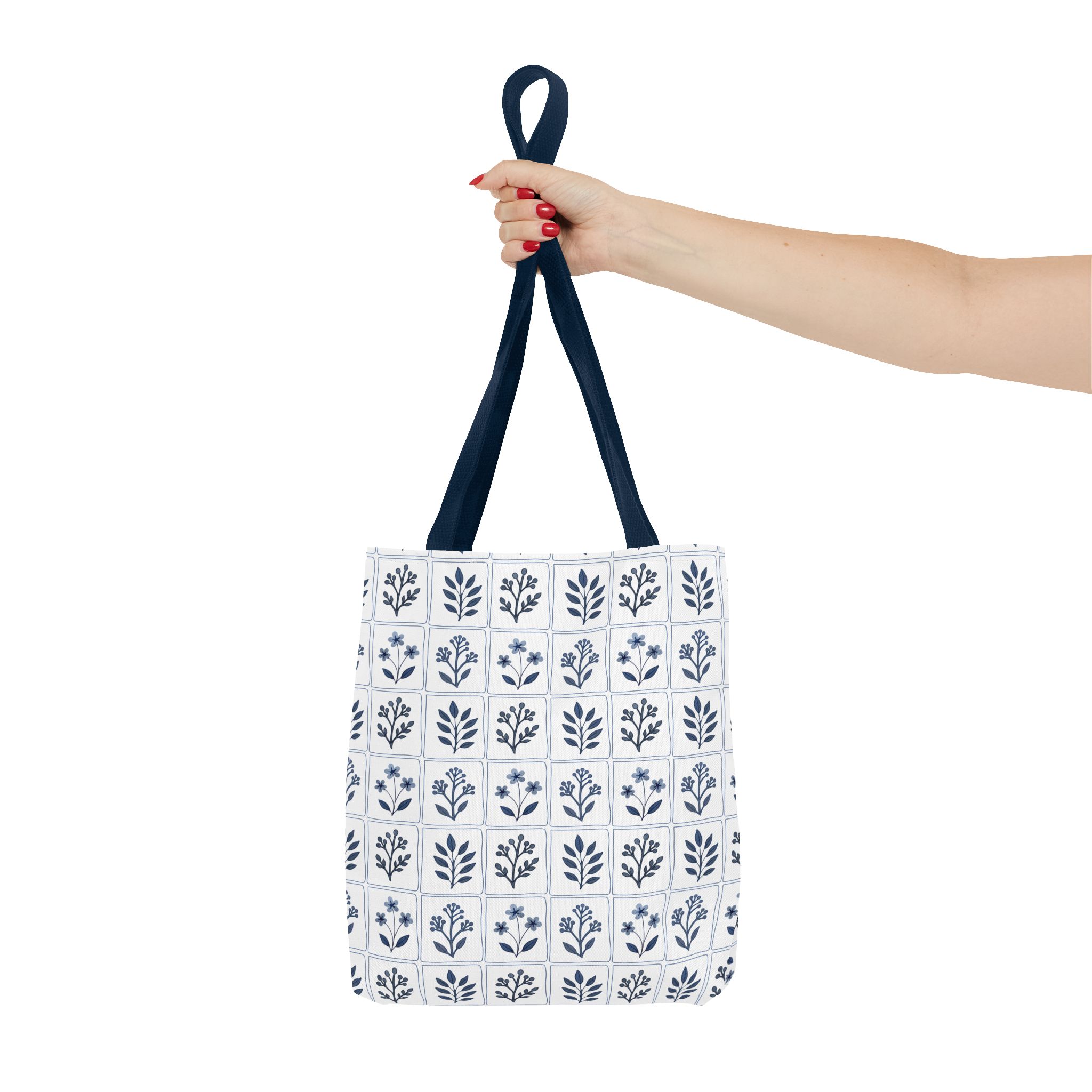 Blue Floral Tile Tote Bag, Scandinavian Folk Art Market Tote, Minimal Botanical Everyday Bag, Cottagecore Tote - Image 2