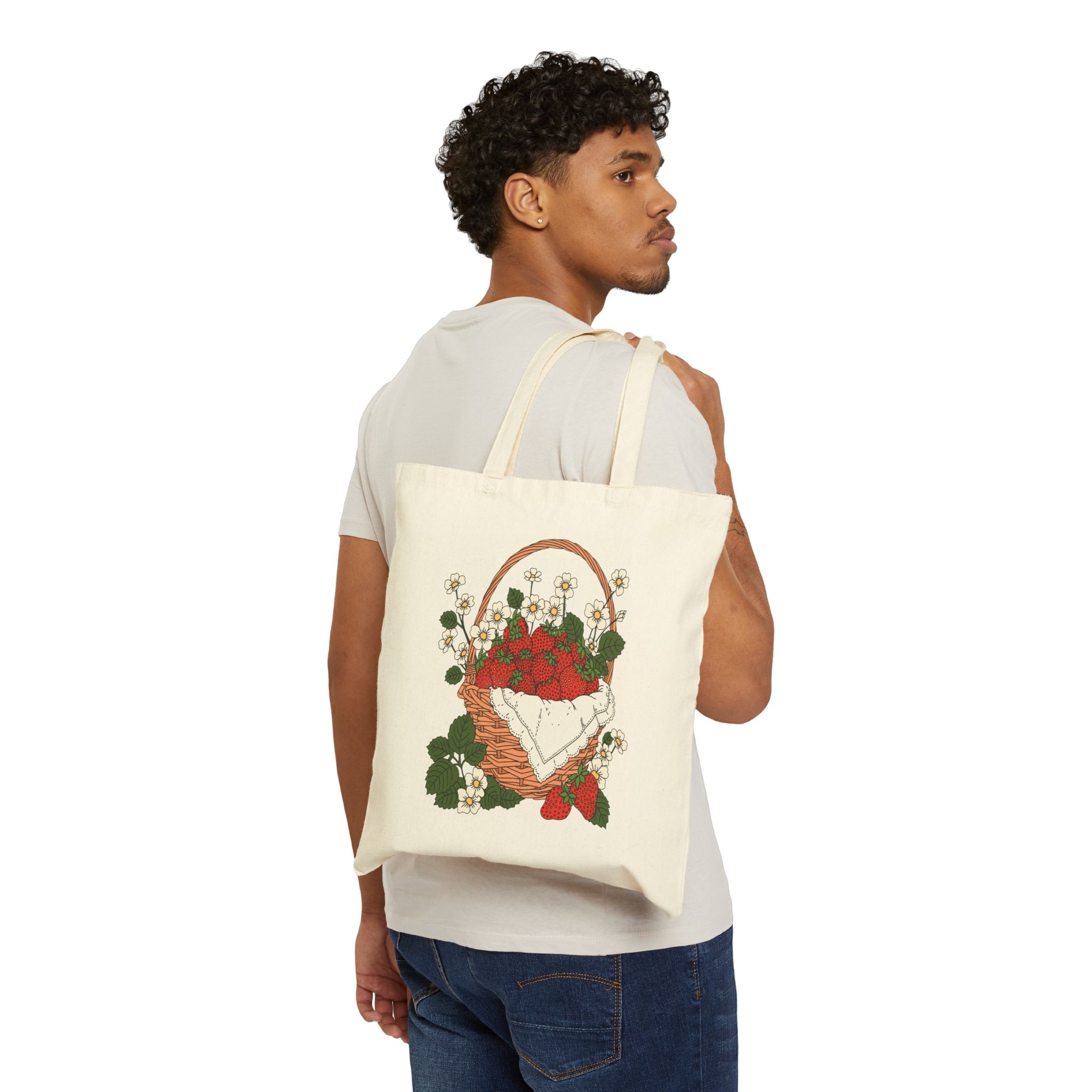 Strawberry Basket Canvas Tote Bag – Cottage Garden Everyday Tote - Image 3