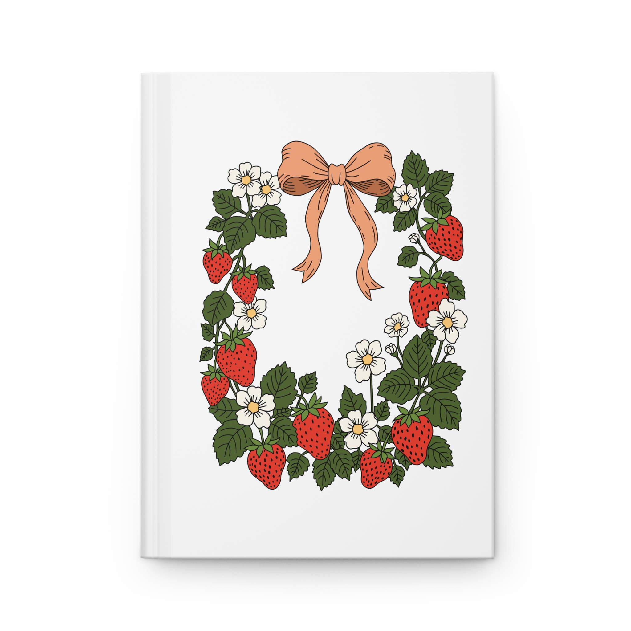 Matte hardcover journal featuring strawberry wreath artwork with red berries, white flowers, green leaves, and a soft bow in a cottage garden style.