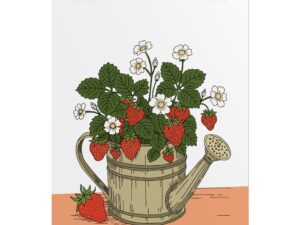 Botanical art print featuring strawberry plants growing from a watering can with red berries, white flowers, green leaves, and cottage garden details.