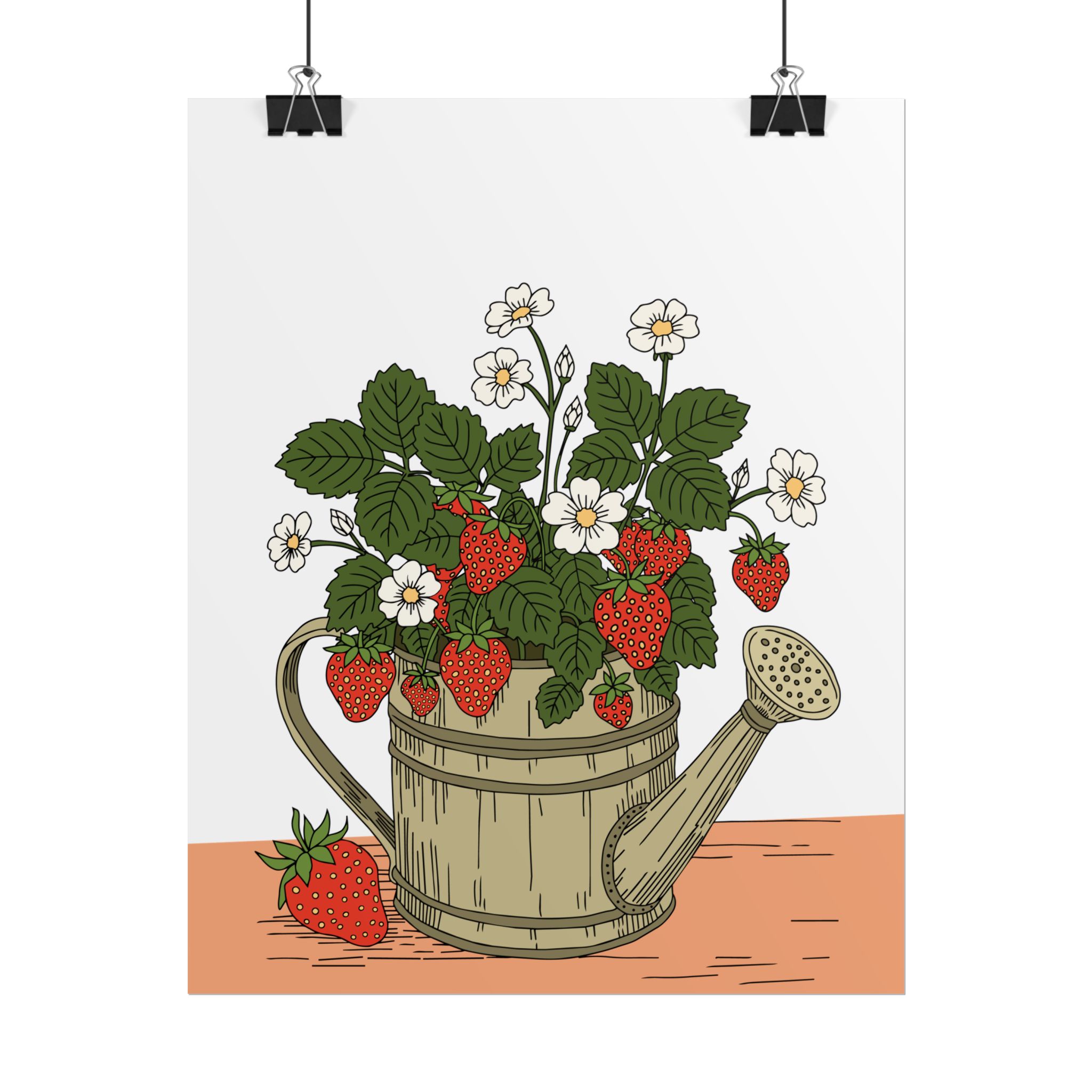 Botanical art print featuring strawberry plants growing from a watering can with red berries, white flowers, green leaves, and cottage garden details.