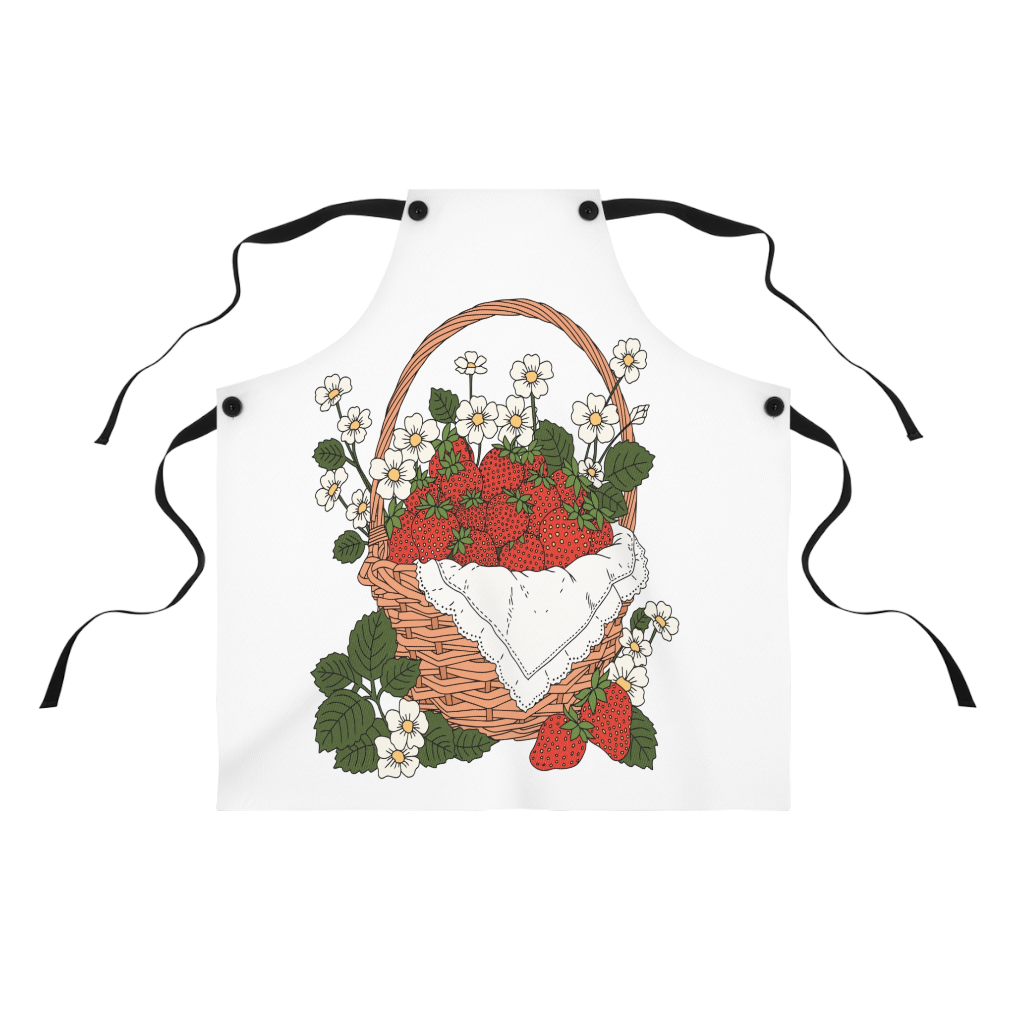Strawberry basket apron design featuring illustrated red strawberries, white blossoms, green leaves, and a woven basket with cottage garden inspired artwork.