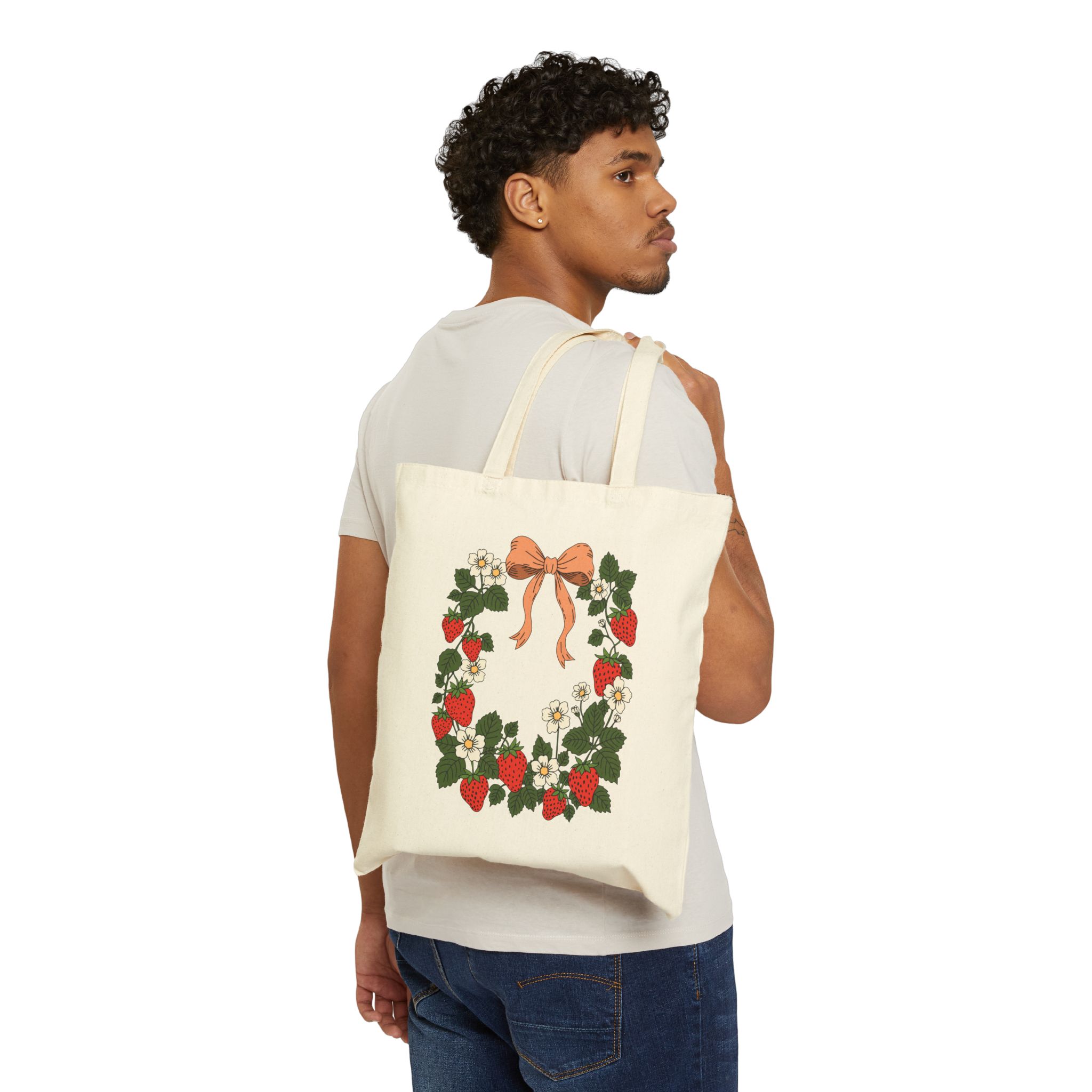Strawberry Wreath Canvas Tote Bag – Cottage Garden Everyday Tote - Image 4